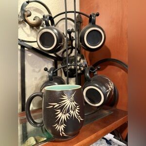 Black Ceramic Mug Set with Leaf Design set of 6